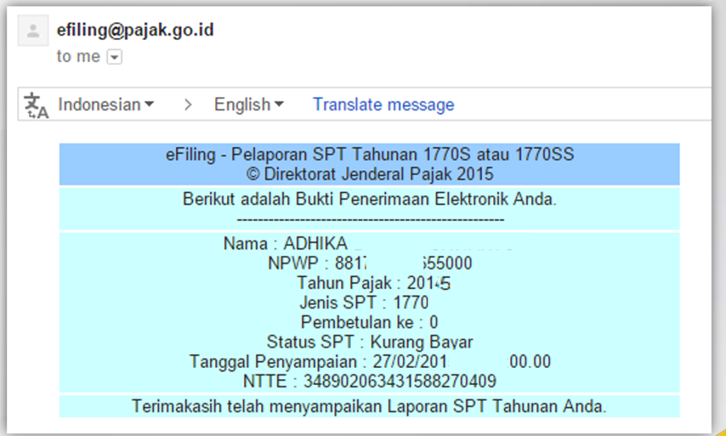 Gambar contoh e-filling yang sudah dikirim ke email
